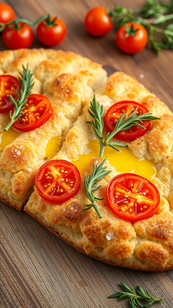 Focaccia Bread Toppings Ideas Golden brown focaccia bread topped with rosemary, cherry tomatoes, and olive oil on a rustic wooden table.